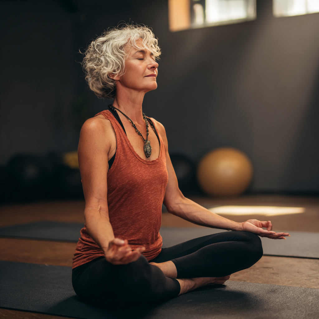 Жінка у віці 55 років виконує базові асани йоги на килимку в спокійній атмосфері студії