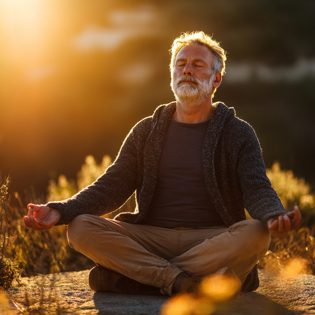Чоловік у віці 58 років медитує в позі лотоса на природі в променях ранкового сонця