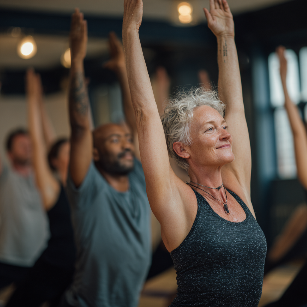 Група людей різного віку, включно з жінкою 52 років, виконують асани на безкоштовному пробному занятті