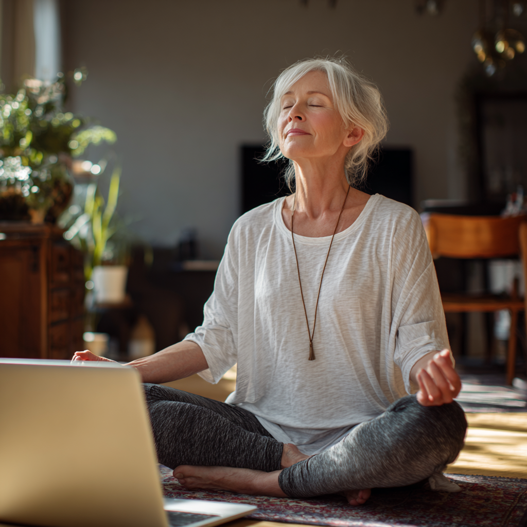 Жінка у віці 60 років практикує йогу вдома перед екраном комп'ютера, слідуючи онлайн-інструкціям